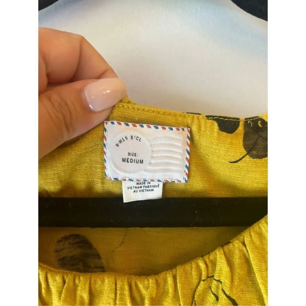 Postmark French Bulldog Print Knitted Top sz M mustard yellow
